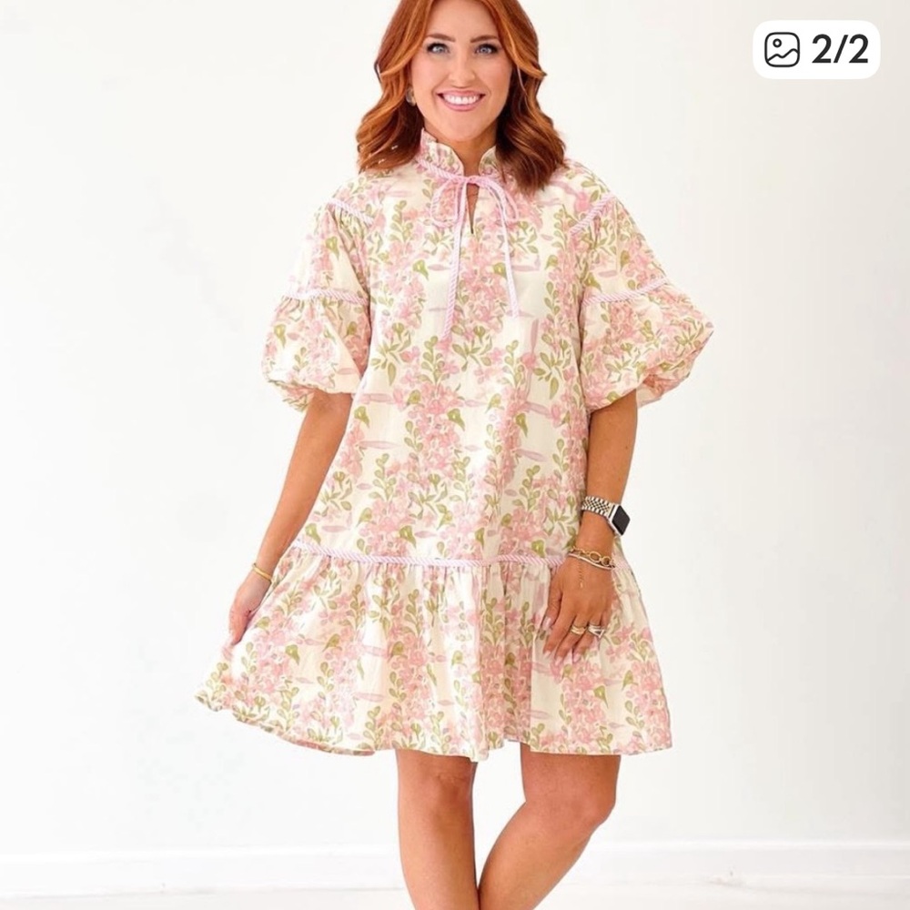 Umgee Cream Dress with Pink & Green Floral Print